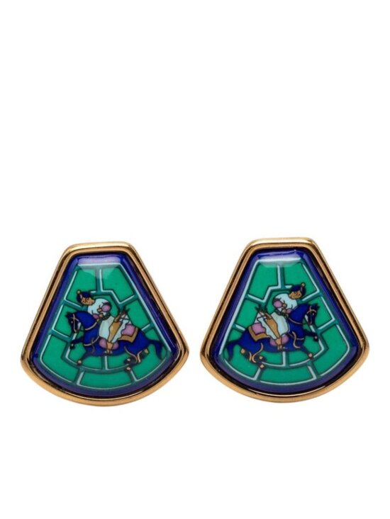 Hermes Jewelry - Hermes Enamel Cloisonne Fan Shape Earrings Jockey Blue Green Gold Plated